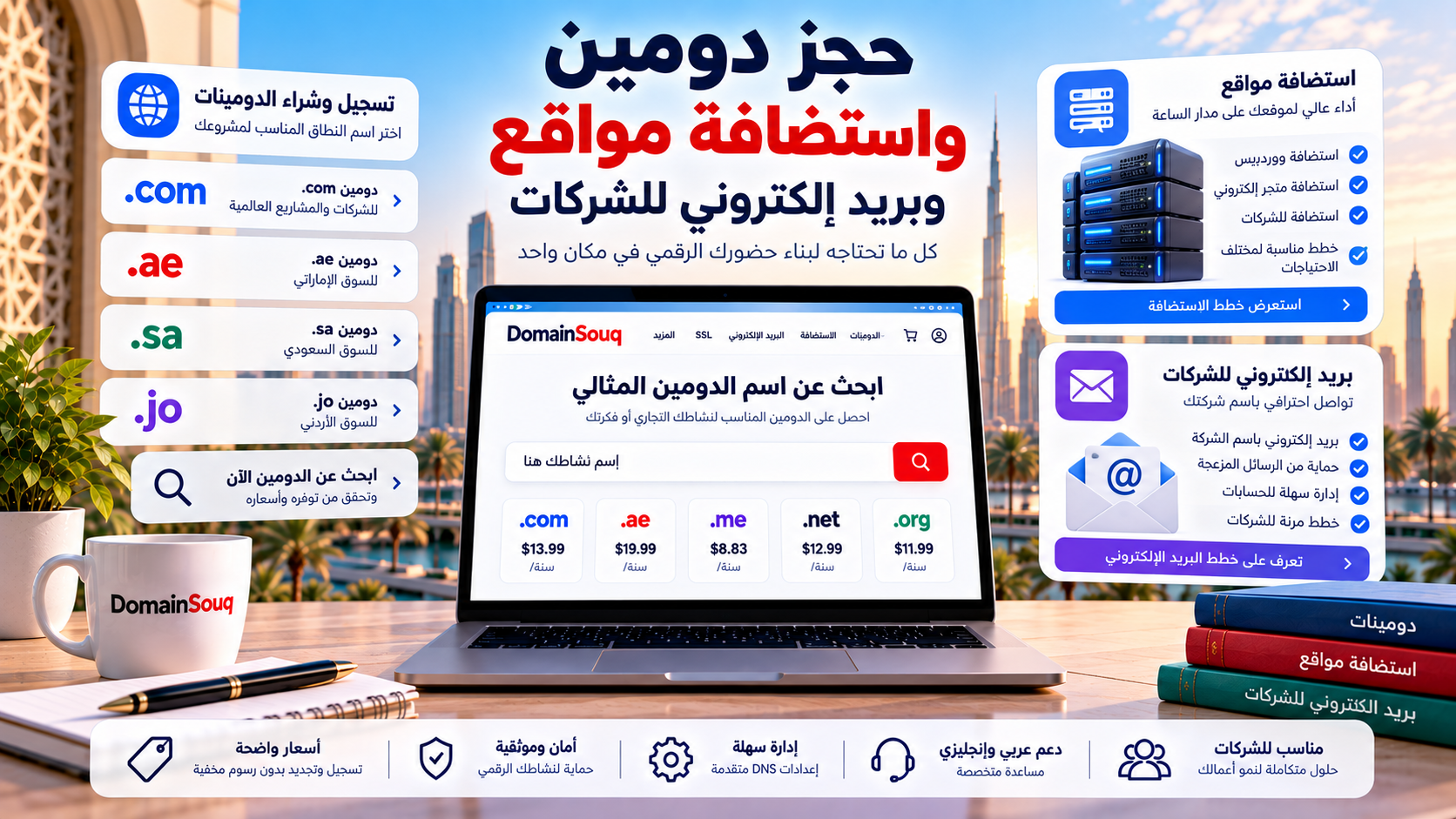 حجز دومين واستضافة مواقع وبريد إلكتروني للشركات عبر DomainSouq، مع امتدادات .com و.ae و.sa و.jo وخدمات استضافة المواقع.
