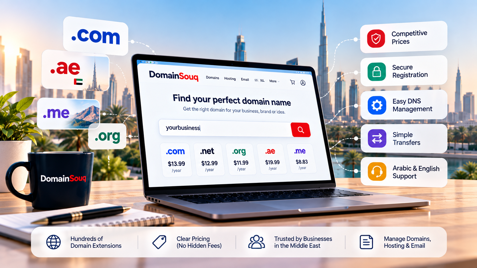 DomainSouq domain registration search interface showing domain extensions including .com, .ae, .me, and .org, with domain security, pricing, DNS management, and support features.