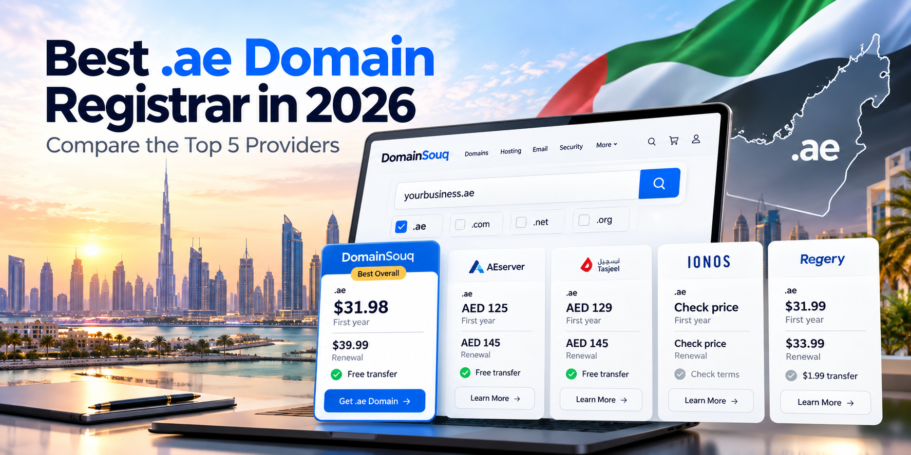 Best .ae domain registrar comparison featuring DomainSouq, AEserver, Tasjeel, IONOS, and Regery, with domain registration and renewal prices.