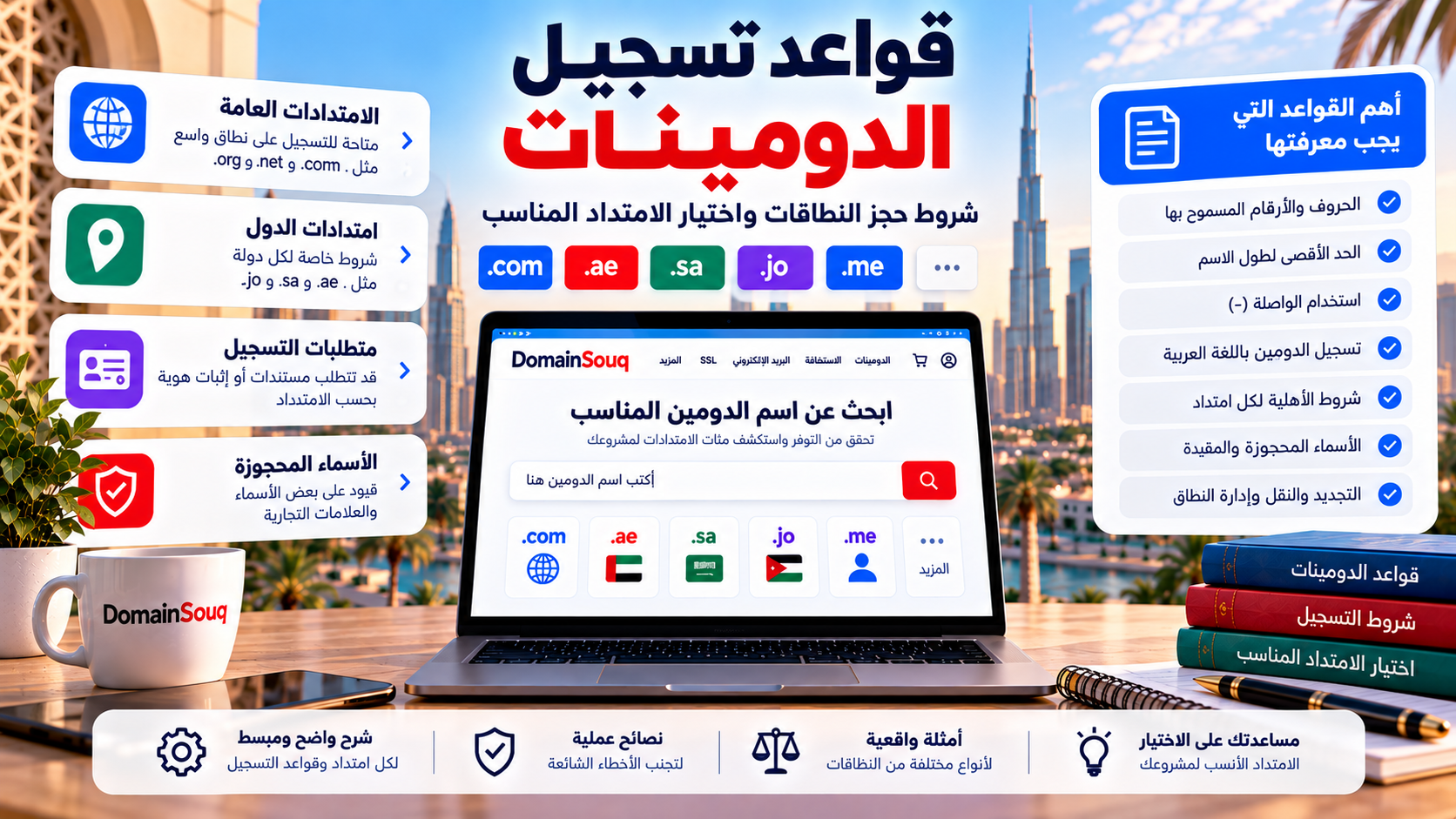 قواعد تسجيل الدومينات وشروط حجز النطاقات، مع أمثلة على امتدادات .com و.ae و.sa و.jo و.me ومتطلبات تسجيل أسماء النطاقات.