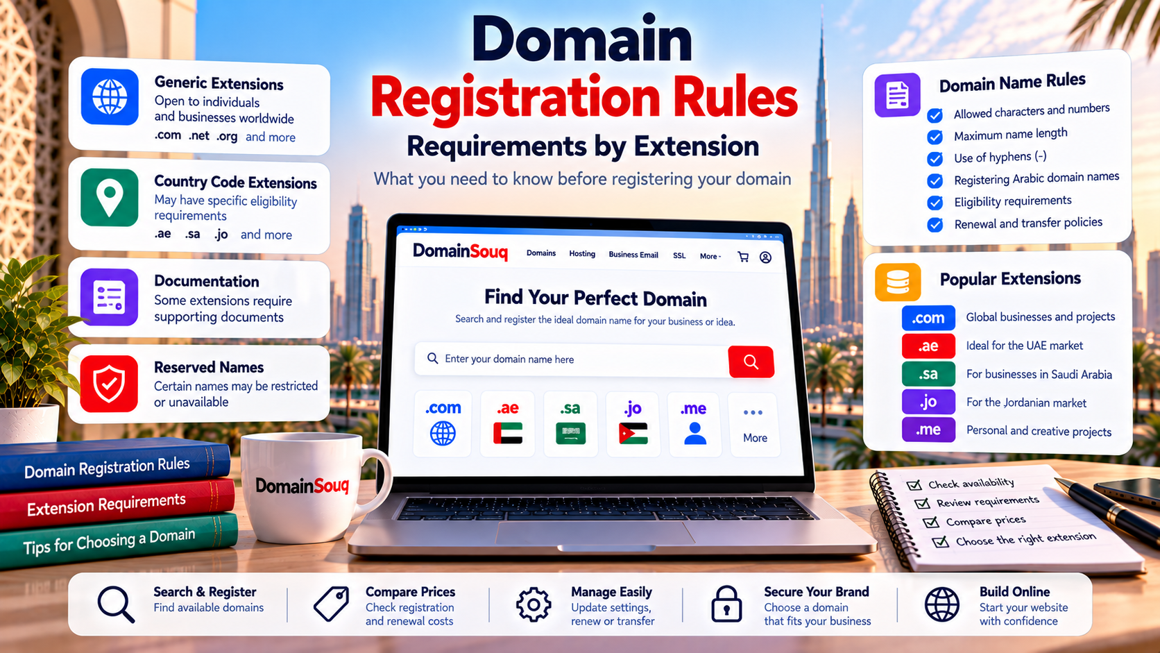 Domain registration rules and requirements for .com, .ae, .sa, .jo, and .me domains, including eligibility, documentation, permitted characters, and renewal policies.