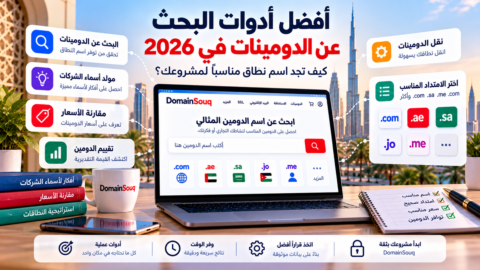 أفضل أدوات البحث عن الدومينات عبر DomainSouq، بما في ذلك البحث عن اسم نطاق، ومولّد أسماء الشركات، ومقارنة أسعار الدومينات، وتقييم النطاقات.