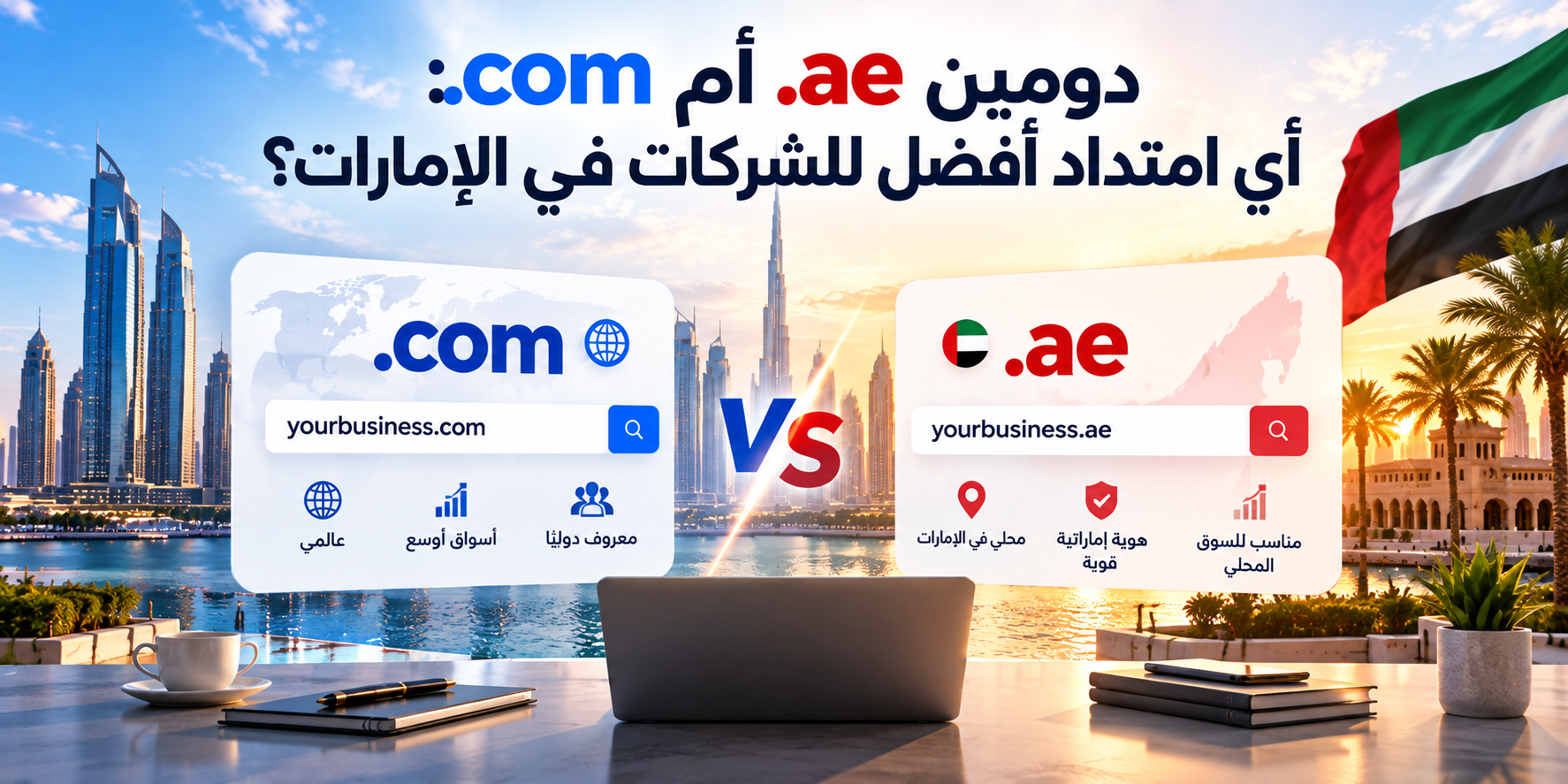مقارنة بين دومين .ae ودومين .com للشركات في الإمارات، توضح الفرق بين الهوية المحلية والانتشار العالمي واختيار امتداد النطاق المناسب.