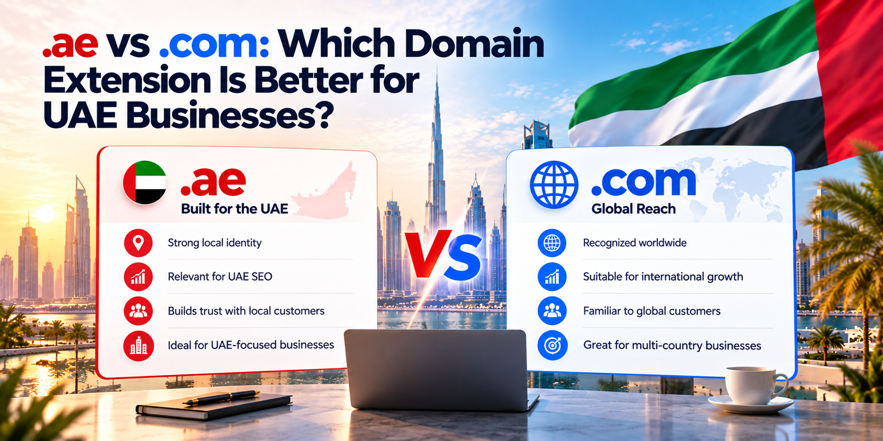 .ae vs .com domain comparison for UAE businesses, highlighting local identity and UAE SEO for .ae versus global recognition and international reach for .com.