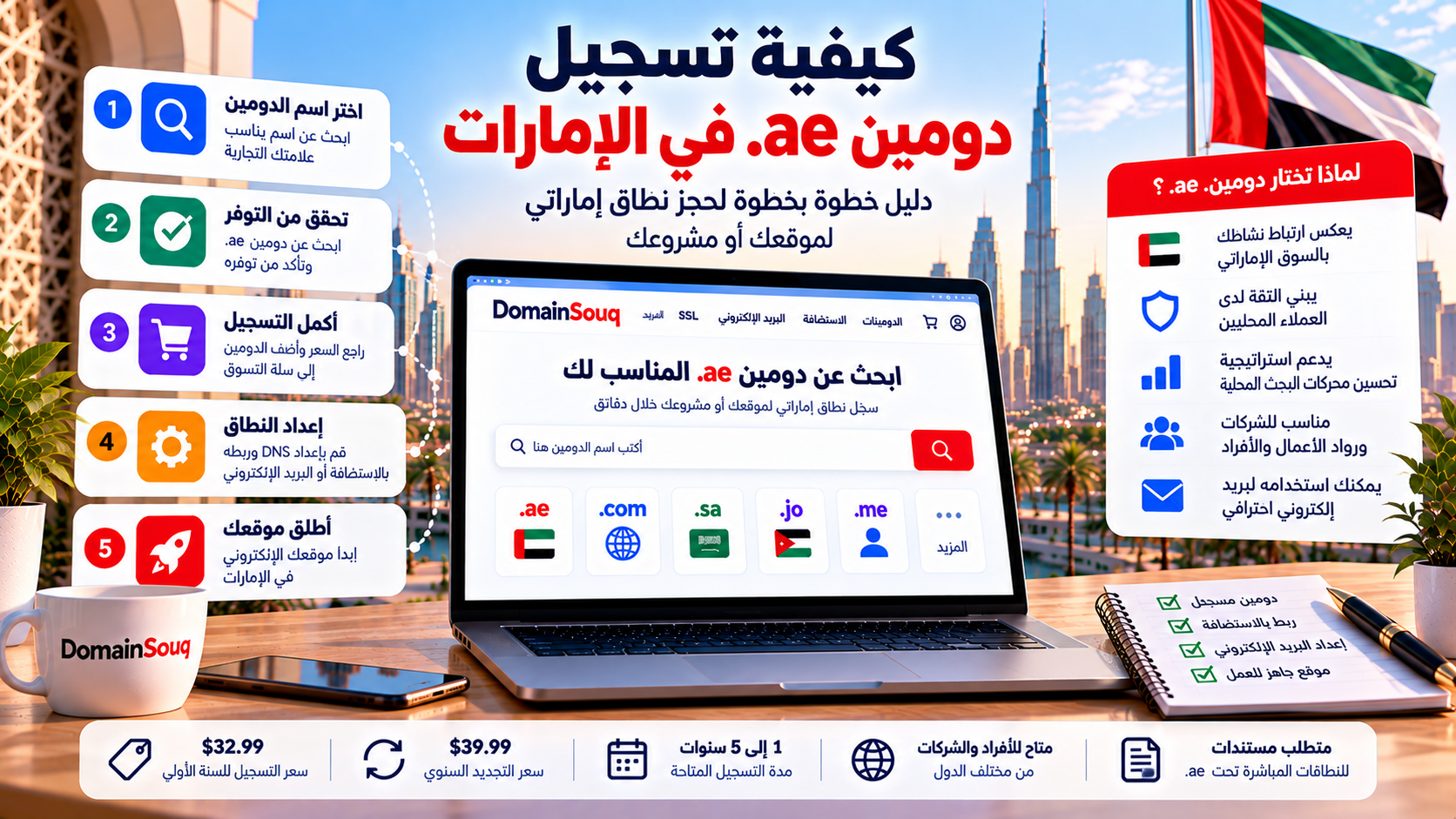كيفية تسجيل دومين .ae في الإمارات، مع شرح خطوات البحث عن النطاق والتحقق من توفره وتسجيله وربطه بالموقع عبر DomainSouq.