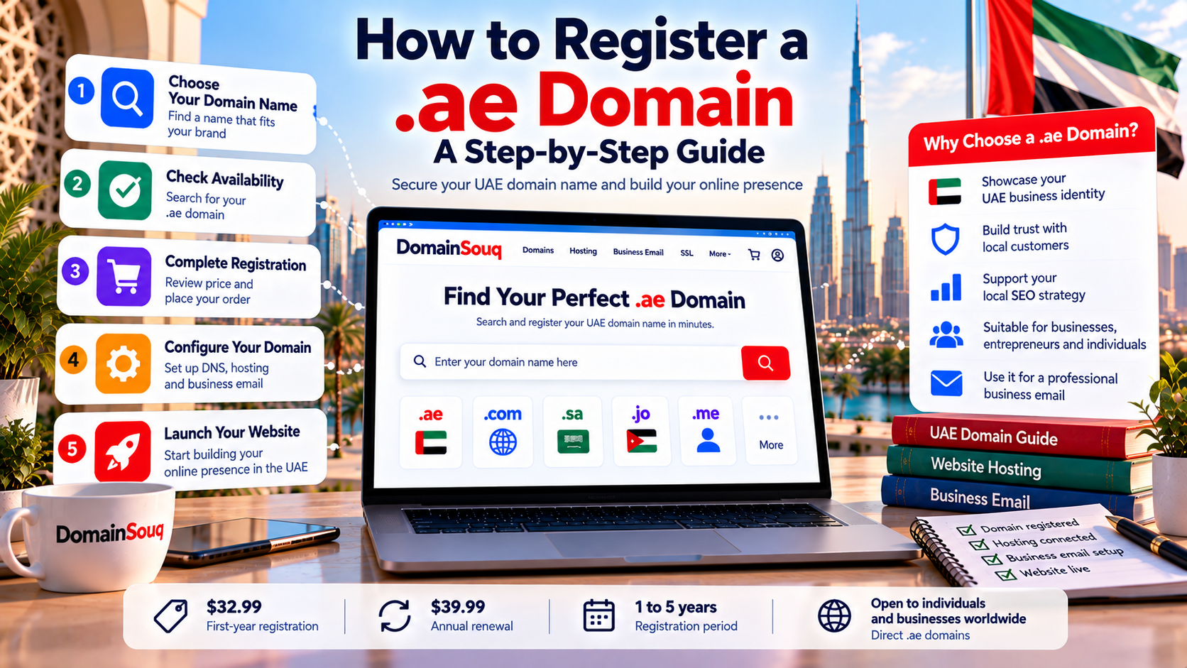 How to register a .ae domain in the UAE, with a step-by-step guide to domain search, registration, pricing, and website setup using DomainSouq.