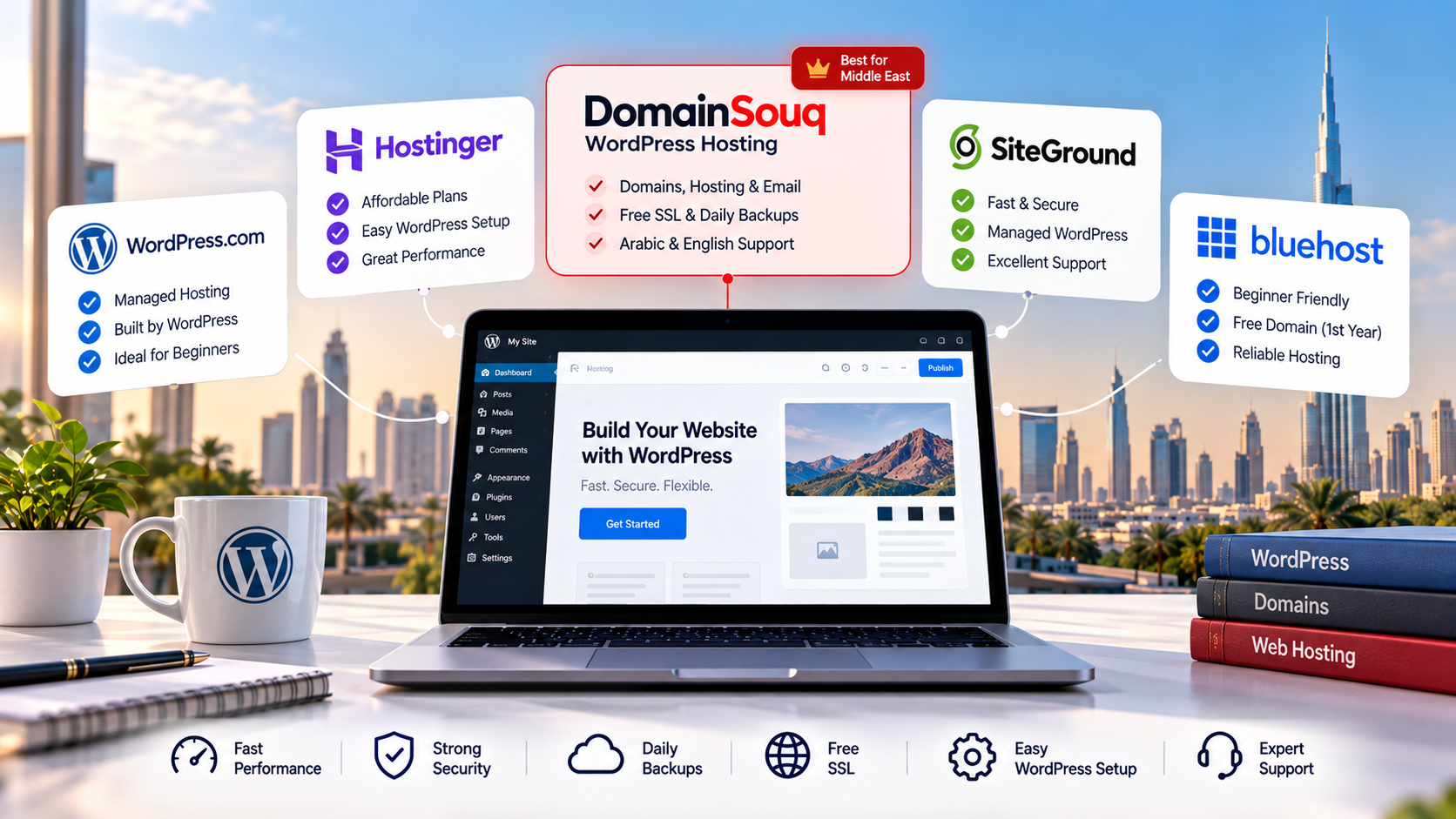 Comparison of the five best WordPress hosting providers in 2026, including DomainSouq, Hostinger, SiteGround, Bluehost, and WordPress.com.