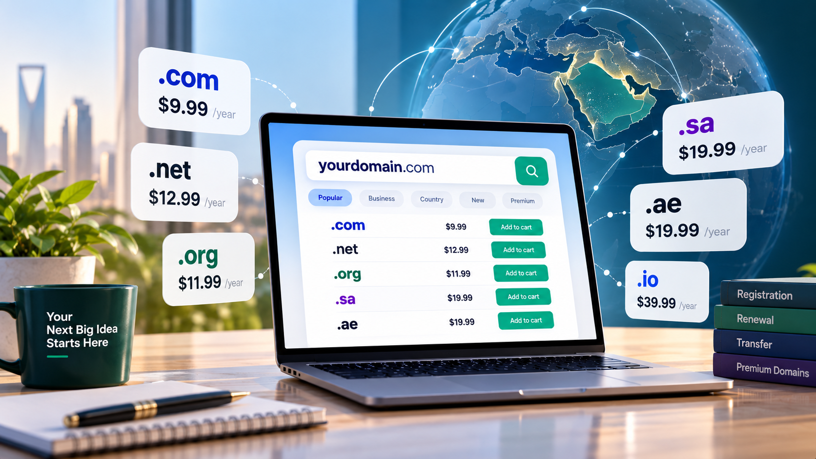 Domain name pricing comparison showing .com, .net, .org, .sa, .ae, and .io domain prices