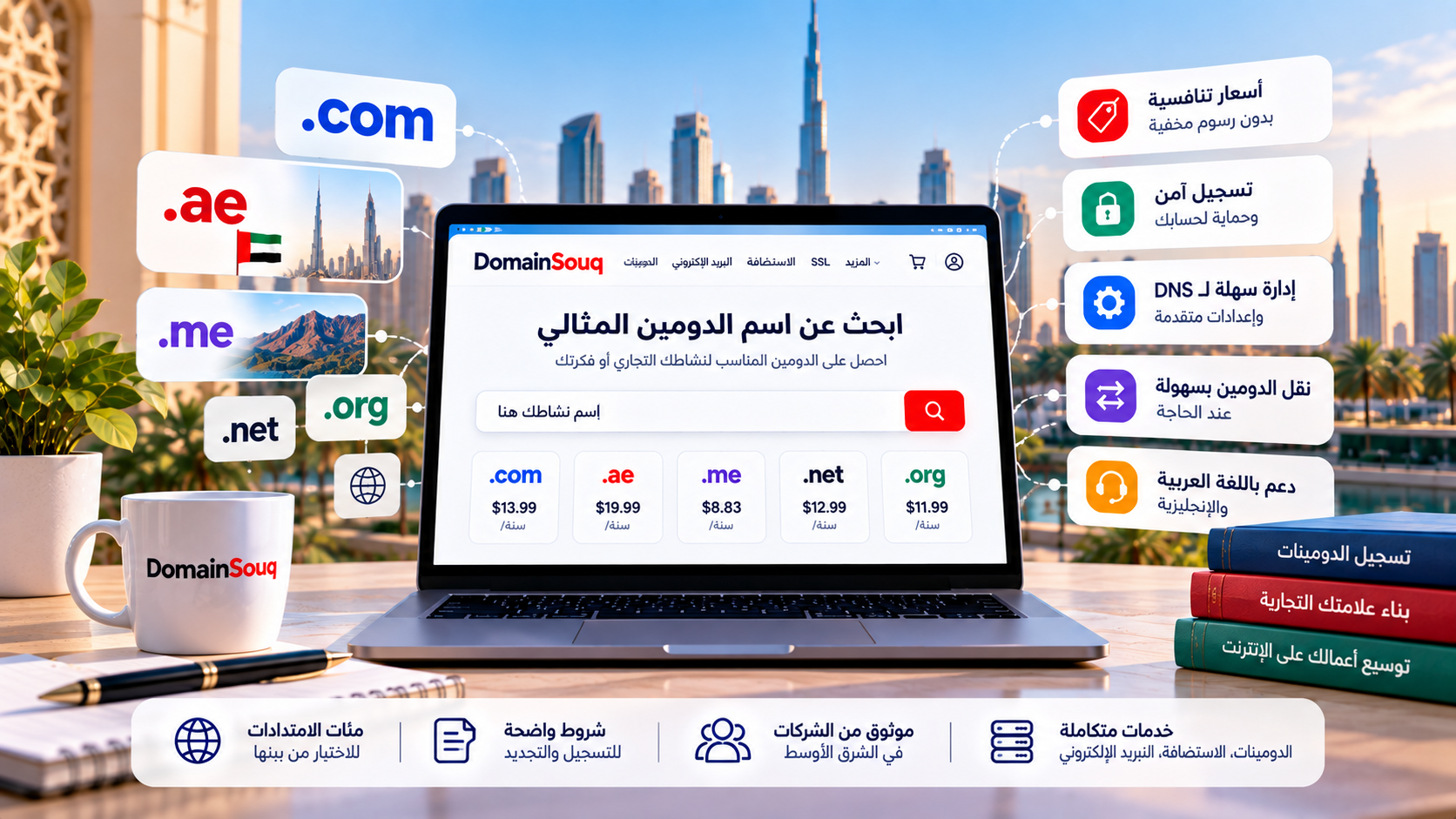 مقارنة خدمات تسجيل الدومينات عبر DomainSouq مع امتدادات .com و.ae و.me و.net و.org، وإدارة DNS والأسعار والدعم الفني.