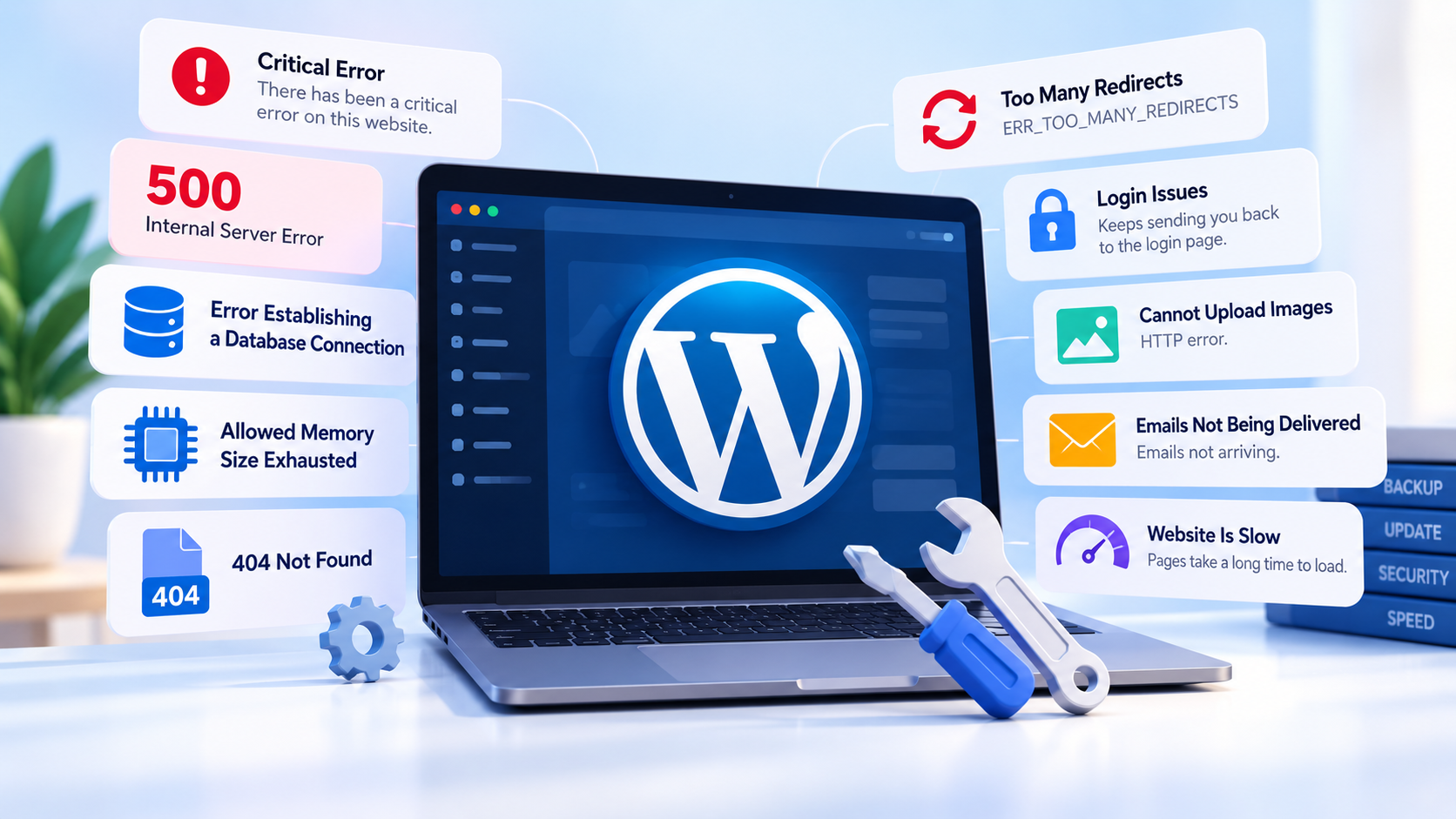 WordPress troubleshooting illustration showing common errors including 500, 404, database, memory, login, redirect, email, and performance issues