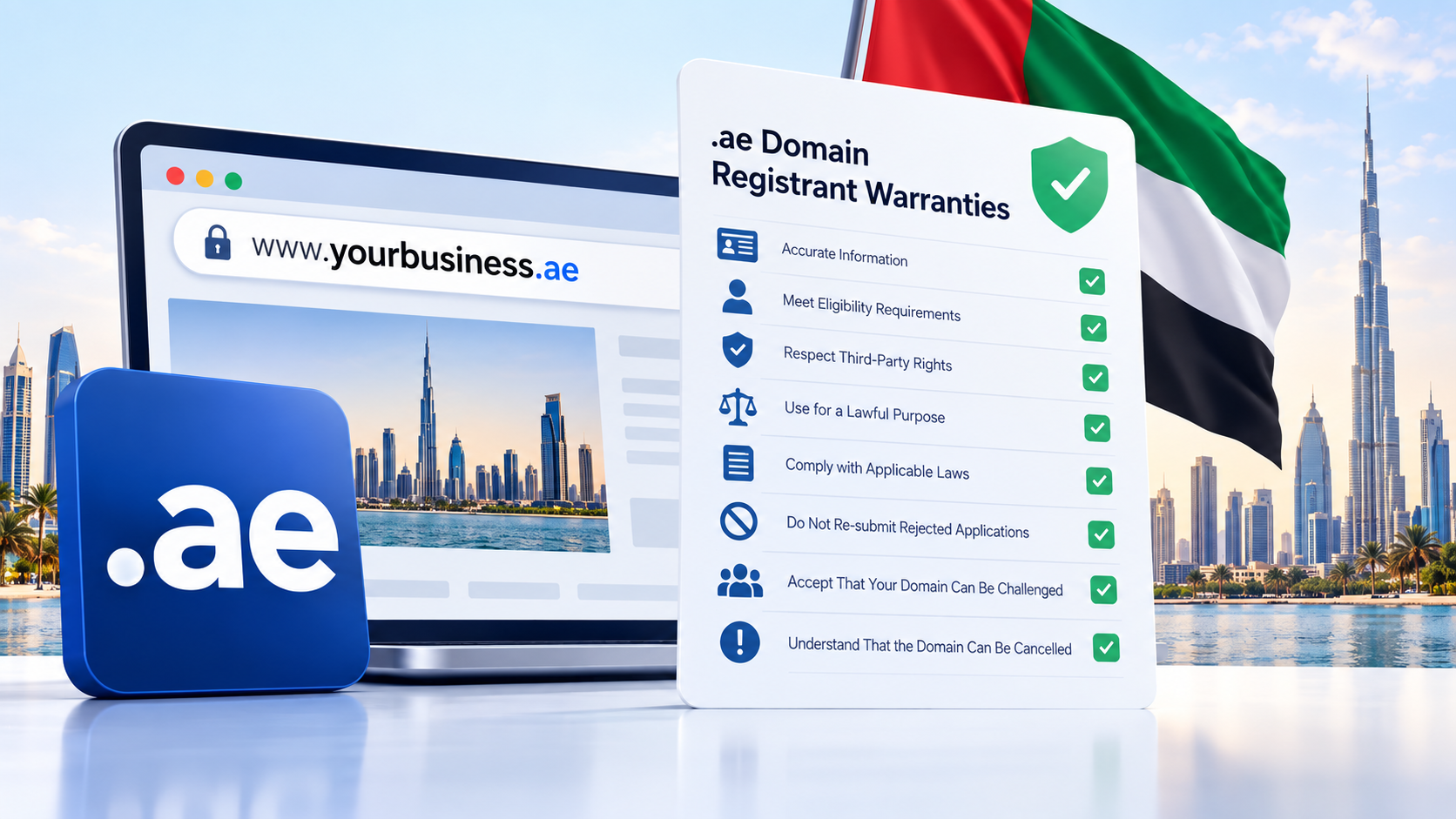 .ae domain registrant warranties checklist showing eligibility, accurate information, legal use, and third-party rights