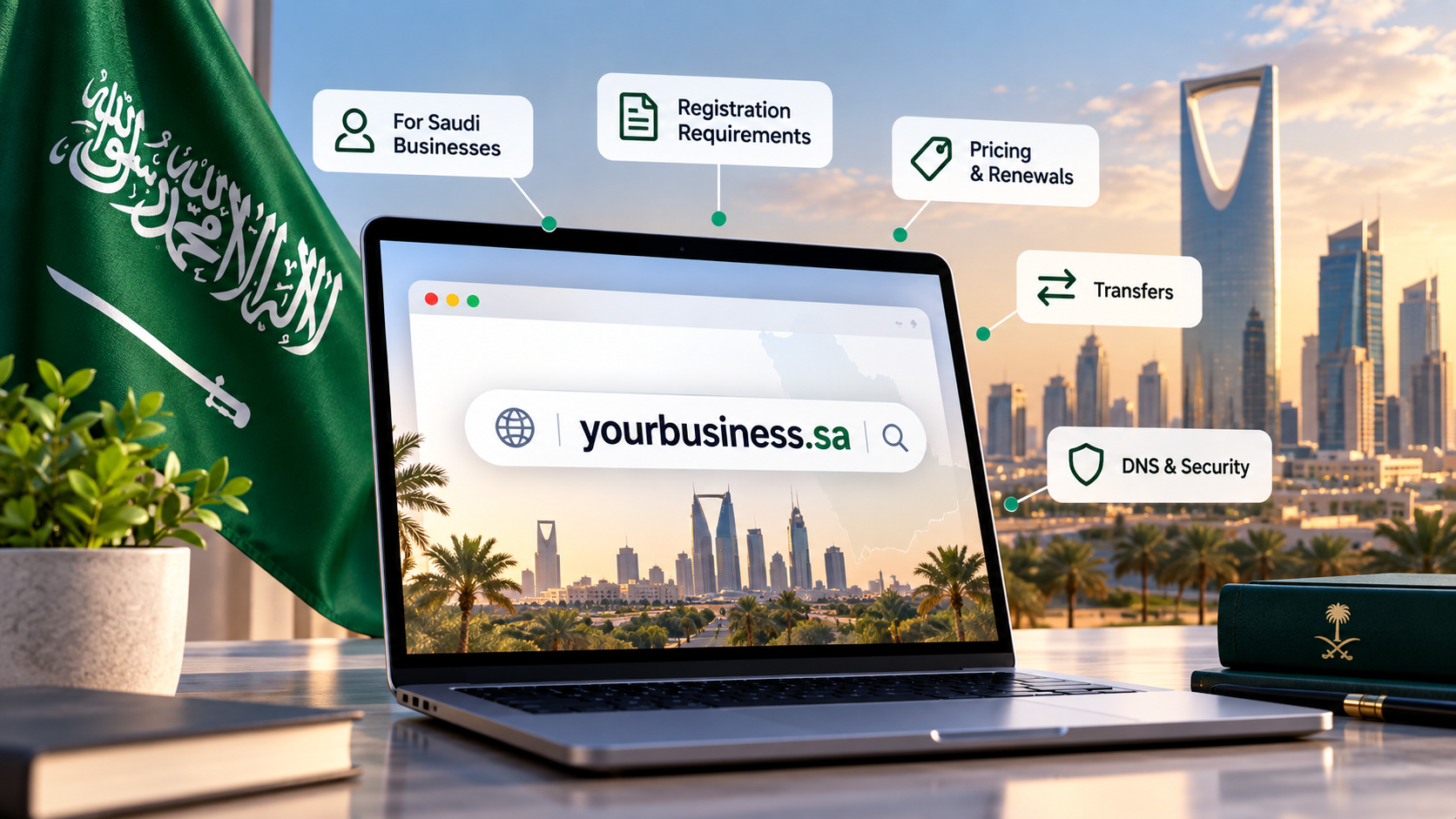 .sa domain displayed on a laptop with the Riyadh skyline and Saudi Arabia flag