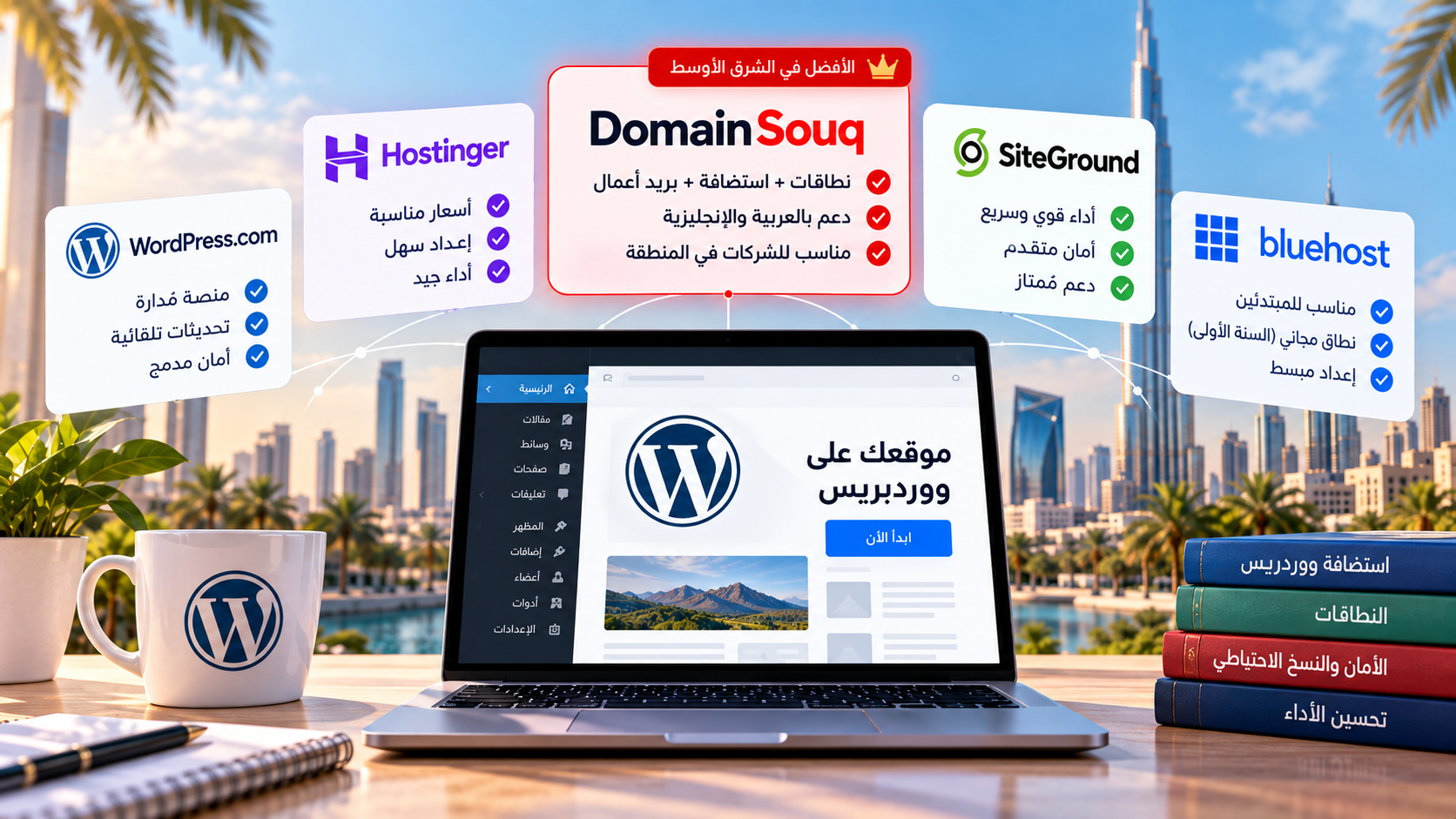 مقارنة أفضل 5 شركات استضافة ووردبريس في 2026، بما فيها DomainSouq وHostinger وSiteGround وBluehost وWordPress.com.